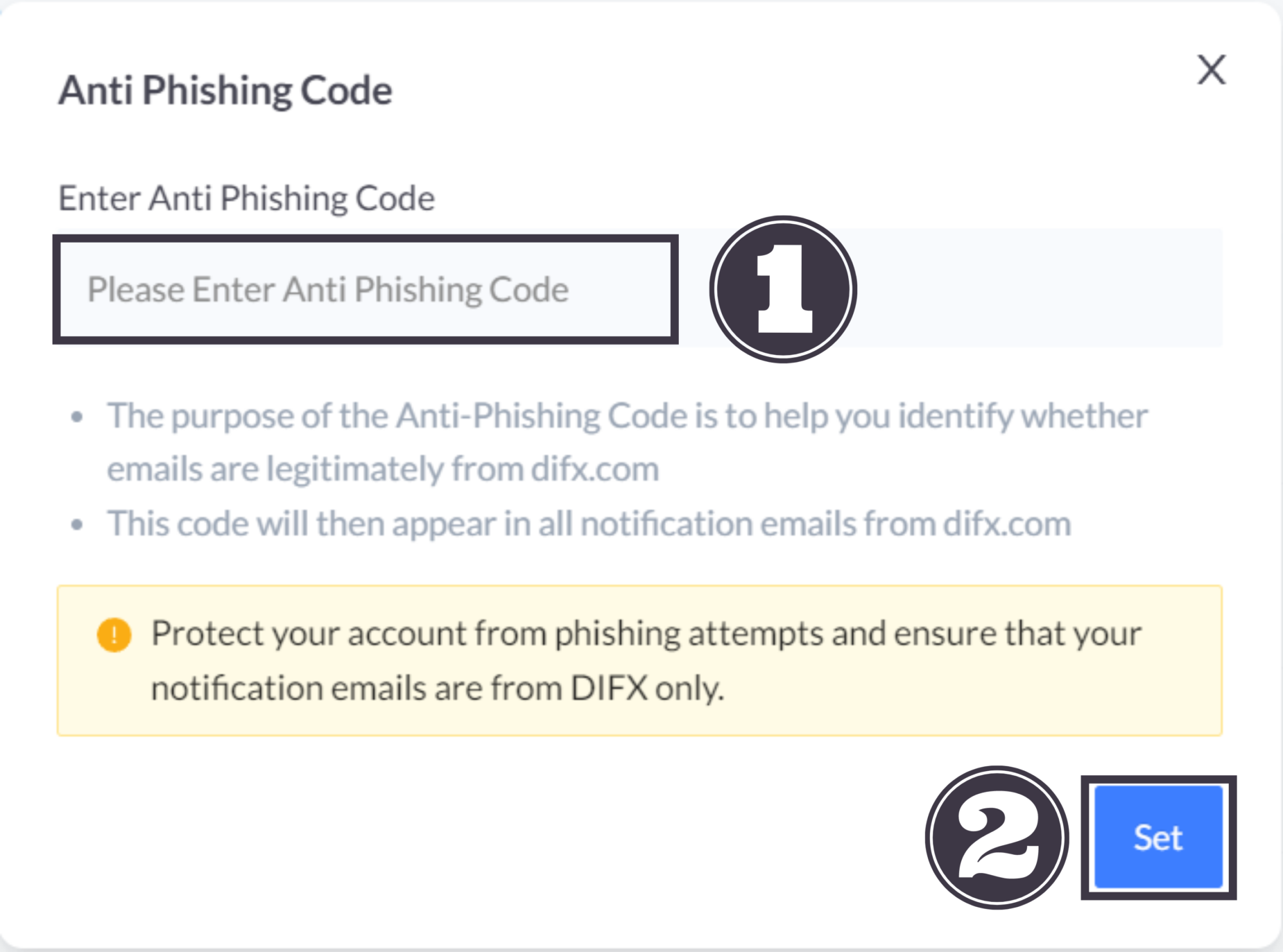 DIFX Anti-phishing Code for Your Account - Extra Crypto Security